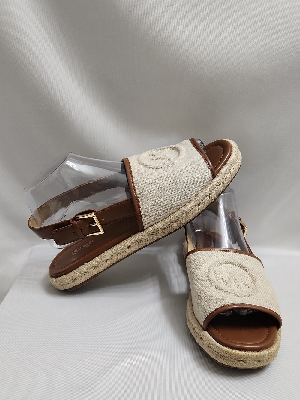 Michael Kors Espadrille Tan Brown Canvas Leather Summer Slide Sandals (Size 9)
